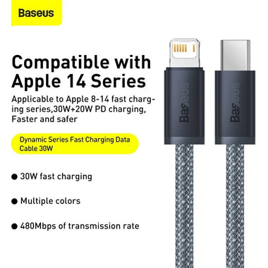 Baseus Dynamic Series PD 20W Type-C to iP Cable Fast Charging Data Transmission Tinned Copper Core Line 1M/2M Long for iPhone 14 14Pro 14Pro Max for iPad