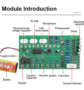 Circuit Four-in-One Practice Board Kit 9V Power Supply Multi-functional PCB Board Electronic Components Voice-Controlled Flowing Lights Educational DIY Kit Assembly