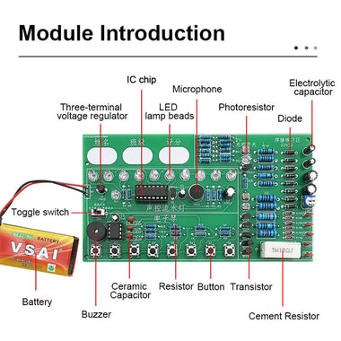 Circuit Four-in-One Practice Board Kit 9V Power Supply Multi-functional PCB Board Electronic Components Voice-Controlled Flowing Lights Educational DIY Kit Assembly