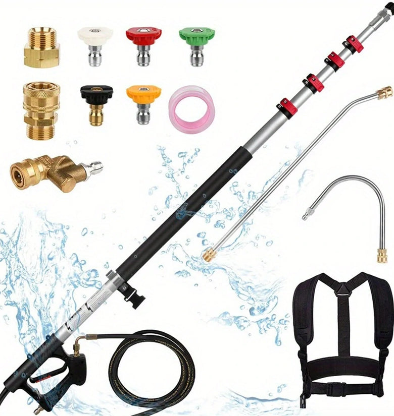 16PCS Stainless Steel High-Pressure Water Gun Set with Extended Rods 4000psi Quick Connect Versatile Cleaning Tool for Courtyard Livestock Rooftop Including Five Spray Nozzles