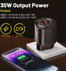 30W 2-Port USB PD Charger USB-A+Type-C PD QC3.0 Fast Charging Wall Charger Adapter EU Plug US Plug for Huawei Mate XT for iPhone 16 16 Plus 15 14 13 Pro Max for Samsung Galaxy Z Flip6 for Oppo Reno 13