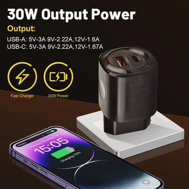 30W 2-Port USB PD Charger USB-A+Type-C PD QC3.0 Fast Charging Wall Charger Adapter EU Plug US Plug for Huawei Mate XT for iPhone 16 16 Plus 15 14 13 Pro Max for Samsung Galaxy Z Flip6 for Oppo Reno 13