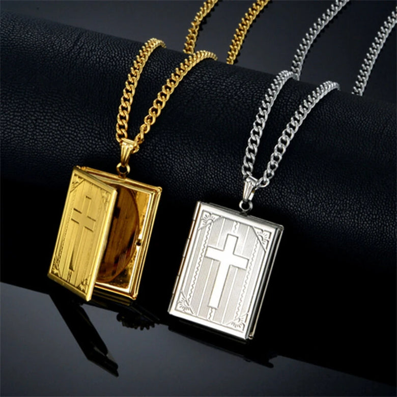 Religious Jesus Cross Locket Pendants Gold Silver Color Photo Frame Memory Necklace for Women/Men Stainless Steel Cross Necklace Faith Jewelry Gift