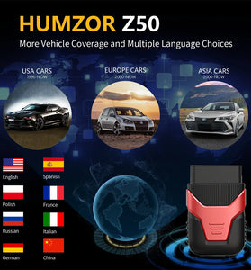 HUMZOR Z50 Wireless Bluetooth OBD2 Scanner Real-time Data Detection Automotive Testing Supports 9 Protocols OBD2 Vehicle Diagnostic Tools for Gasoline Cars Motorcycles