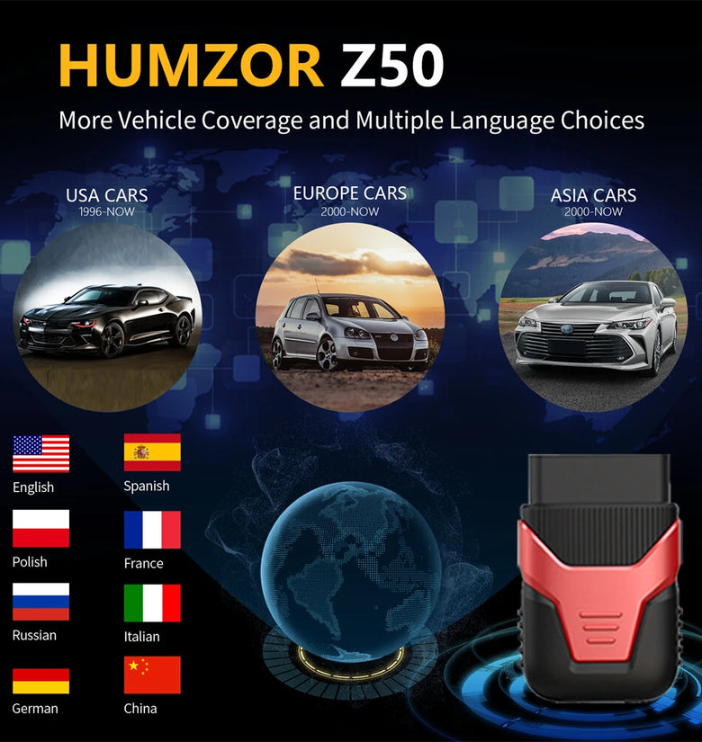 HUMZOR Z50 Wireless Bluetooth OBD2 Scanner Real-time Data Detection Automotive Testing Supports 9 Protocols OBD2 Vehicle Diagnostic Tools for Gasoline Cars Motorcycles