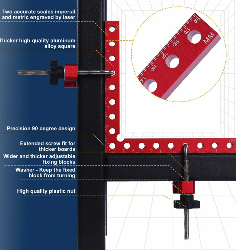 2 Packs 180mm x 180mm 90 Degree Right Angle Clamps Positioning Squares MM/Inch Scale Aluminum Alloy Woodworking Carpenter Corner Clamping for Picture Frame Cabinet Drawer