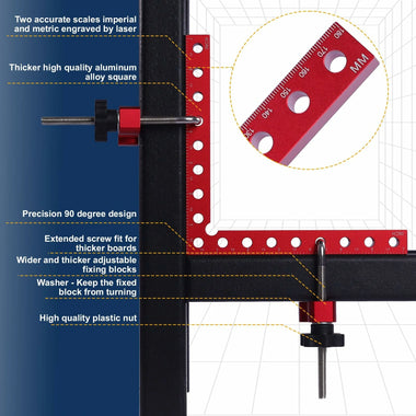 2 Packs 180mm x 180mm 90 Degree Right Angle Clamps Positioning Squares MM/Inch Scale Aluminum Alloy Woodworking Carpenter Corner Clamping for Picture Frame Cabinet Drawer