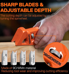 JORGENSEN Chamfer Plane Edge Corner Plane 4 Cutter Heads Woodworking Tool with Adjustable Depth 9CrWMn Blade with Storage