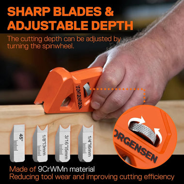 JORGENSEN Chamfer Plane Edge Corner Plane 4 Cutter Heads Woodworking Tool with Adjustable Depth 9CrWMn Blade with Storage