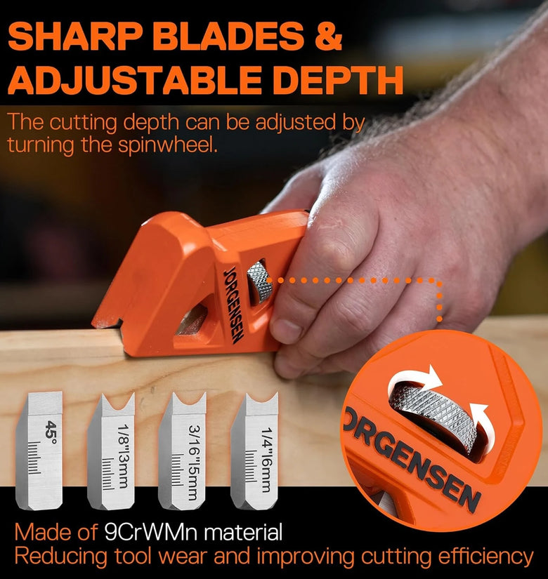 JORGENSEN Chamfer Plane Edge Corner Plane 4 Cutter Heads Woodworking Tool with Adjustable Depth 9CrWMn Blade with Storage