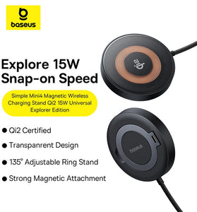 Baseus Simple MIni4 15W Magnetic Wireless Charger Fast Wireless Charging Pad Built-in Stand for Smart Phones for iPhone 16 15 14 13 Pro for Huawei Mate XT for Xiaomi MIX Fold4 for Samsung Galaxy Z Fold6