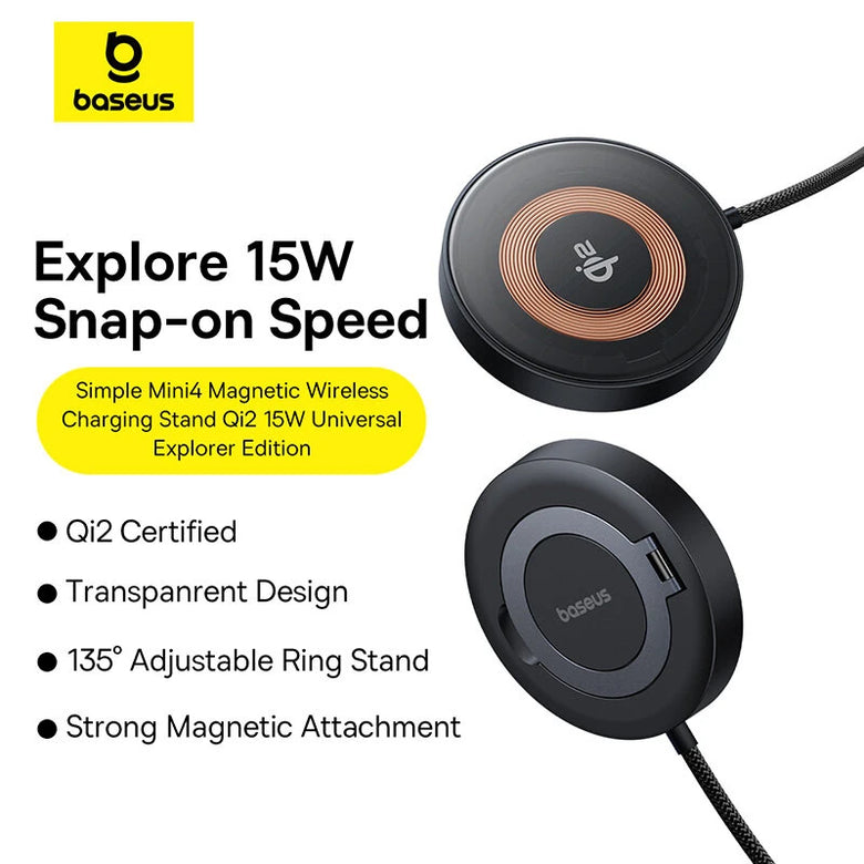 Baseus Simple MIni4 15W Magnetic Wireless Charger Fast Wireless Charging Pad Built-in Stand for Smart Phones for iPhone 16 15 14 13 Pro for Huawei Mate XT for Xiaomi MIX Fold4 for Samsung Galaxy Z Fold6