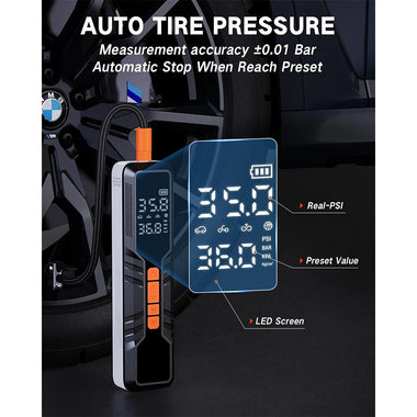 Portable Air Compressor 150PSI Rechargeable 10000mAh Tire Inflator Fast Inflation 5 Modes Digital Gauge LED Light for Car Bike Motorcycle Ball Camping Travel Accessories