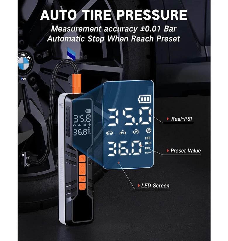 Portable Air Compressor 150PSI Rechargeable 10000mAh Tire Inflator Fast Inflation 5 Modes Digital Gauge LED Light for Car Bike Motorcycle Ball Camping Travel Accessories