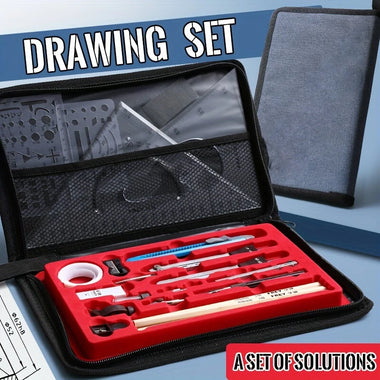 Professional 19pcs Compasses Drawing Kit Aluminum Alloy Material Architectural Mechanical CAD Design Tools Complete Geometric Instrument Set with Templates Rulers Precision Knife Portable Canvas Bag