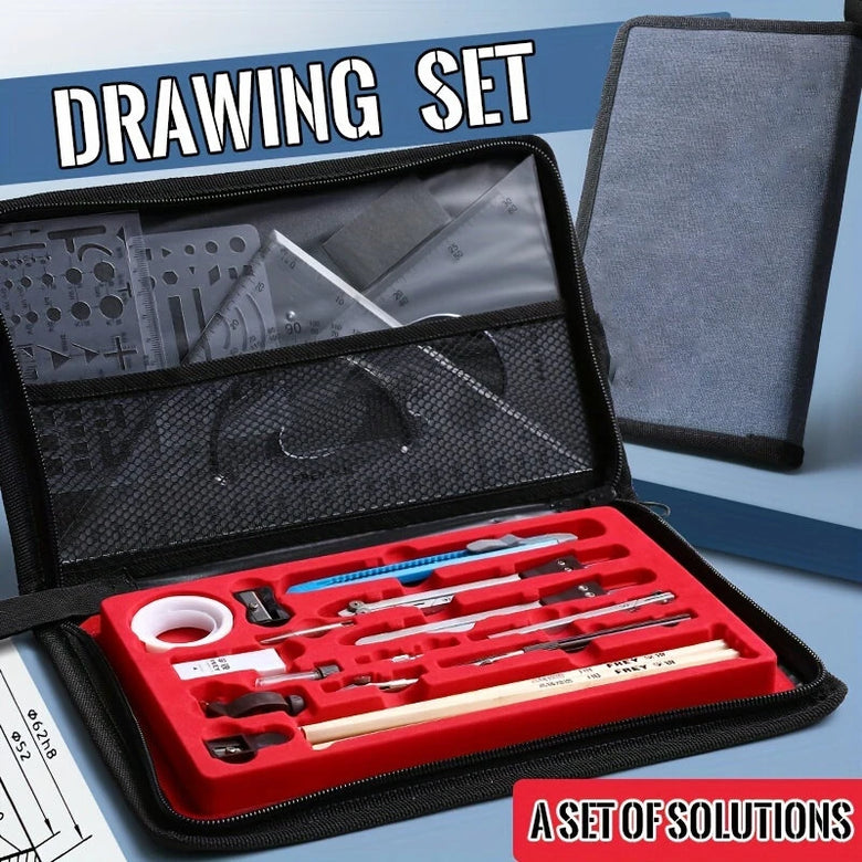 Professional 19pcs Compasses Drawing Kit Aluminum Alloy Material Architectural Mechanical CAD Design Tools Complete Geometric Instrument Set with Templates Rulers Precision Knife Portable Canvas Bag