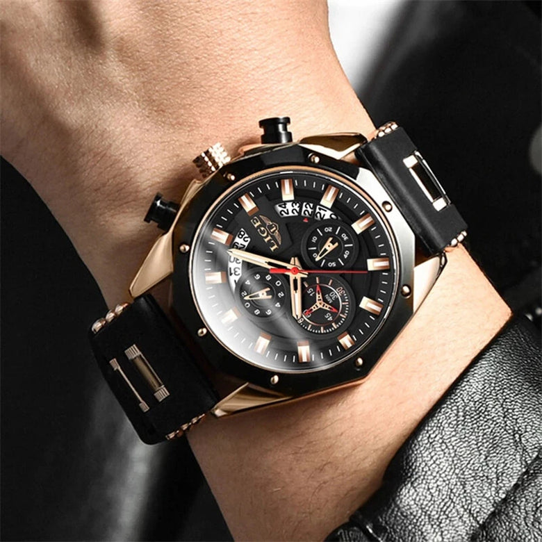 LIGE Men Watches with Silicone Strap Waterproof Chronograph Quartz Watch Luminous Calendar Sports Wristwatch