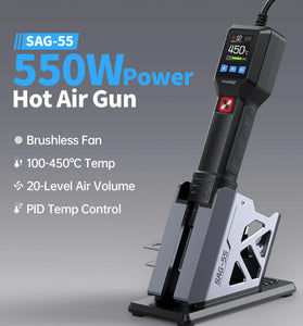 FNIRSI SAG-55 Hot Air Gun 550W Adjustable PID Temperature Control 100C-450C 20-Level Airflow Brushless Fan SMD Rework Handheld Heat Tool