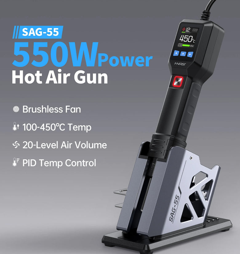 FNIRSI SAG-55 Hot Air Gun 550W Adjustable PID Temperature Control 100C-450C 20-Level Airflow Brushless Fan SMD Rework Handheld Heat Tool