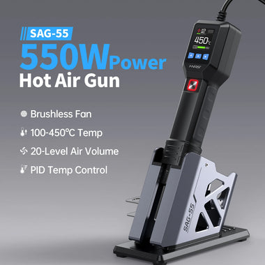 FNIRSI SAG-55 Hot Air Gun 550W Adjustable PID Temperature Control 100C-450C 20-Level Airflow Brushless Fan SMD Rework Handheld Heat Tool