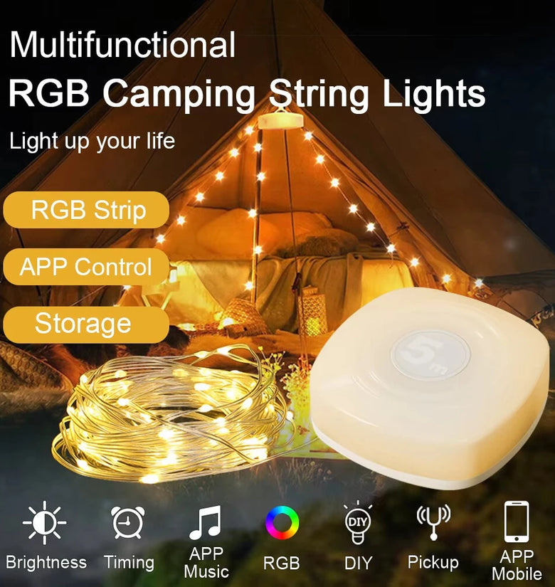 Elfeland 5m Smart Camping Light Strip APP Control Rechargeable Waterproof LED Night Light 16M Colors Music Sync Timer Portable Outdoor Lamp