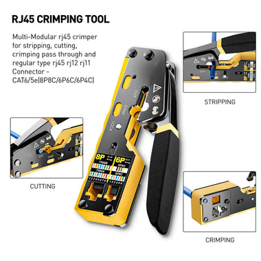 RJ45 Crimp Tool Kit Pass Through Crimper Cable Tester Wire Cutter Cat6 Connectors Strain Relief Boots Ethernet Network Installation Tools Multi-function Crimping Stripping Cutting