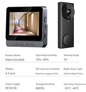 M17S Video Doorbell 4.3" Screen Infrared Night Vision Two-Way Audio 256GB Support Wireless Home Security Camera
