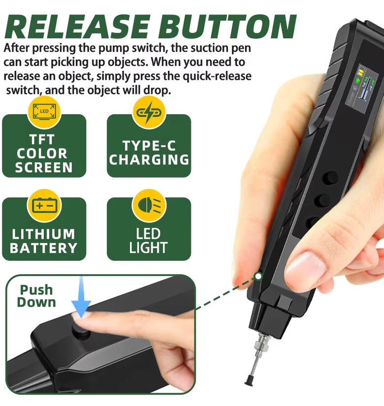 AMNVOLT 140g Lift Electric Vacuum Suction Pen Rechargeable Portable SMD IC Handling Tool Built-in Mini Pump Anti-Static LED Light Type-C Charging Screen Display