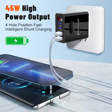 ADC-F004 45W 4-Port USB PD Charger 2USB-A+2Type-C PD QC3.0 Fast Charging Digital Display Wall Charger Adapter EU Plug US Plug for Huawei Pura 70 Ultra for Xiaomi Civi 4 Pro for Samsung Galaxy Z Flip6 for Oppo Reno 12