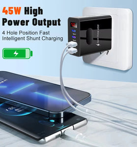 ADC-F004 45W 4-Port USB PD Charger 2USB-A+2Type-C PD QC3.0 Fast Charging Digital Display Wall Charger Adapter EU Plug US Plug for Huawei Pura 70 Ultra for Xiaomi Civi 4 Pro for Samsung Galaxy Z Flip6 for Oppo Reno 12