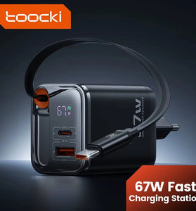 [GaN Tech] Toocki TCT67-34B1 67W 3-in-1 USB PD Charger with Retractable Cable PD Fast Charging Digital Display Wall Charger Adapter EU Plug for iPhone 16 16 Pro 15 14 13 Pro Max for Huawei Pura X for Xiaomi 15pro for Samsung Galaxy S25 Ultra