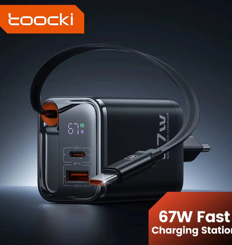 [GaN Tech] Toocki TCT67-34B1 67W 3-in-1 USB PD Charger with Retractable Cable PD Fast Charging Digital Display Wall Charger Adapter EU Plug for iPhone 16 16 Pro 15 14 13 Pro Max for Huawei Pura X for Xiaomi 15pro for Samsung Galaxy S25 Ultra