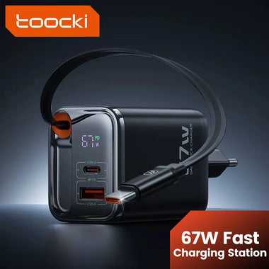 [GaN Tech] Toocki TCT67-34B1 67W 3-in-1 USB PD Charger with Retractable Cable PD Fast Charging Digital Display Wall Charger Adapter EU Plug for iPhone 16 16 Pro 15 14 13 Pro Max for Huawei Pura X for Xiaomi 15pro for Samsung Galaxy S25 Ultra