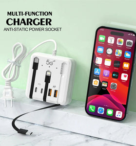 66W 4-Port USB Power Strip 2USB-A+2USB-C PD Fast Charging Desktop Charger Adapter with 3 Lines for iPhone 16 16 Pro 15 14 13 Pro Max for XIAOMI for SAMSUNG HUAWEI