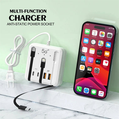 66W 4-Port USB Power Strip 2USB-A+2USB-C PD Fast Charging Desktop Charger Adapter with 3 Lines for iPhone 16 16 Pro 15 14 13 Pro Max for XIAOMI for SAMSUNG HUAWEI