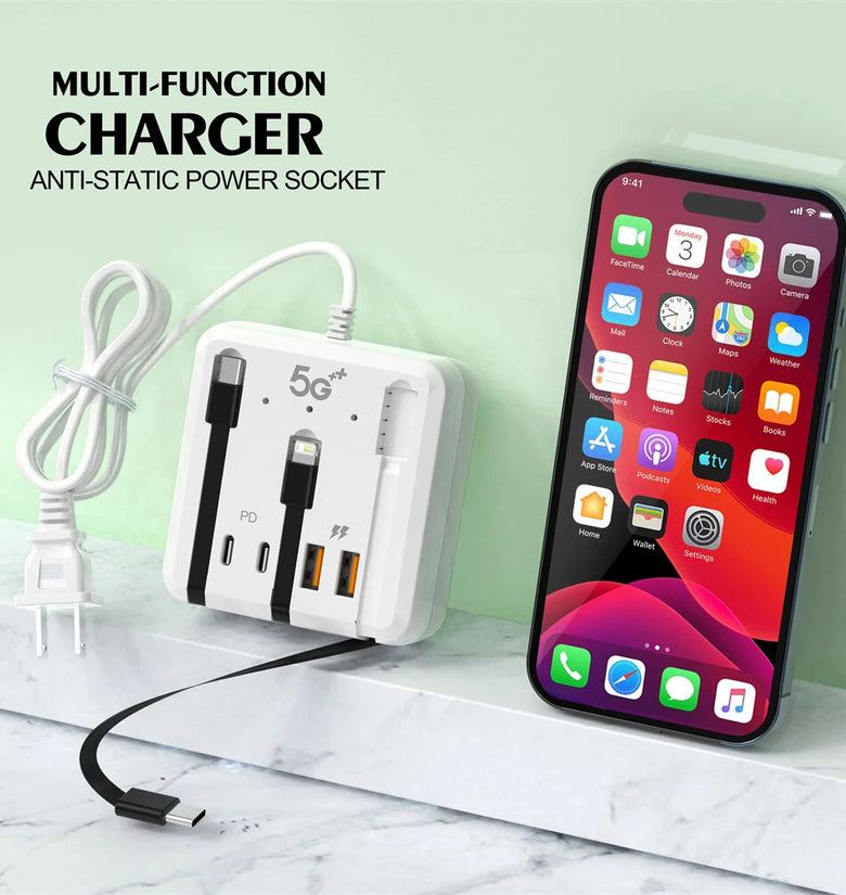 66W 4-Port USB Power Strip 2USB-A+2USB-C PD Fast Charging Desktop Charger Adapter with 3 Lines for iPhone 16 16 Pro 15 14 13 Pro Max for XIAOMI for SAMSUNG HUAWEI