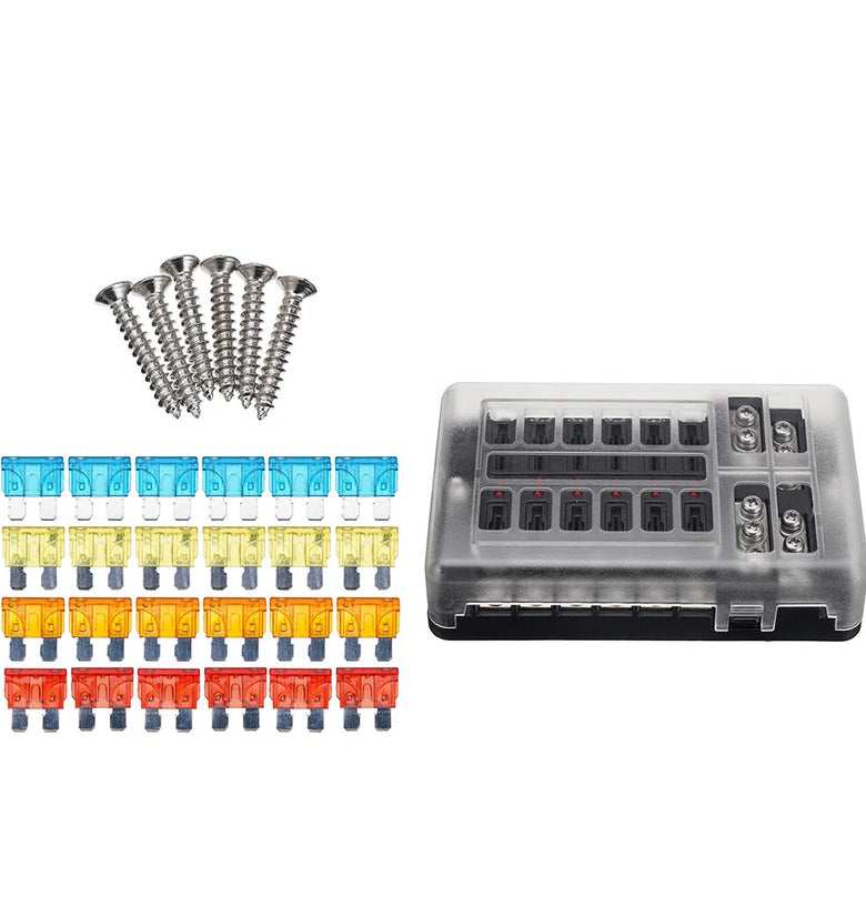 Car Boat Fuses Block 12 Way LED Fuses Junction Box Blades Fuses Terminal Box 12V/24V