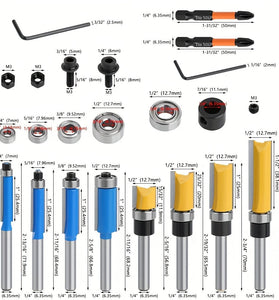 16pcs 1/4 Inch Shank Router Bit Set with Bearing Tungsten Carbide Tips Precision Bearings Steel Shanks Heat-Resistant Coating for Woodworking Trimming Grooving Forming