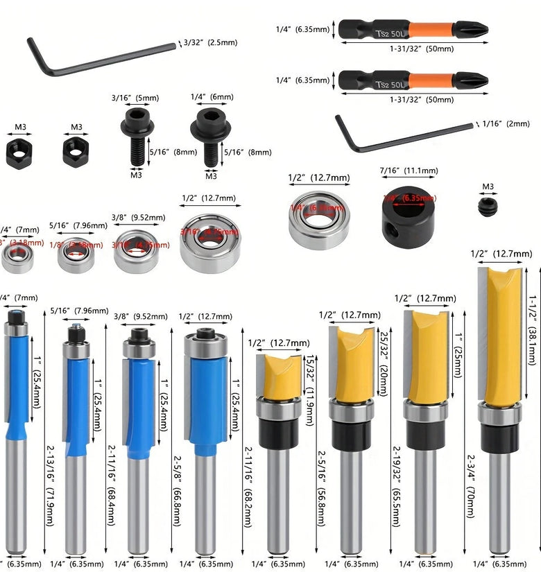 16pcs 1/4 Inch Shank Router Bit Set with Bearing Tungsten Carbide Tips Precision Bearings Steel Shanks Heat-Resistant Coating for Woodworking Trimming Grooving Forming