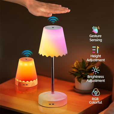 Elfeland Gesture Control USB Rechargeable LED Table Light with RGB Color Changing 3 Color Temperatures & Adjustable Height LED Mood Light for Desktop Bedroom Office
