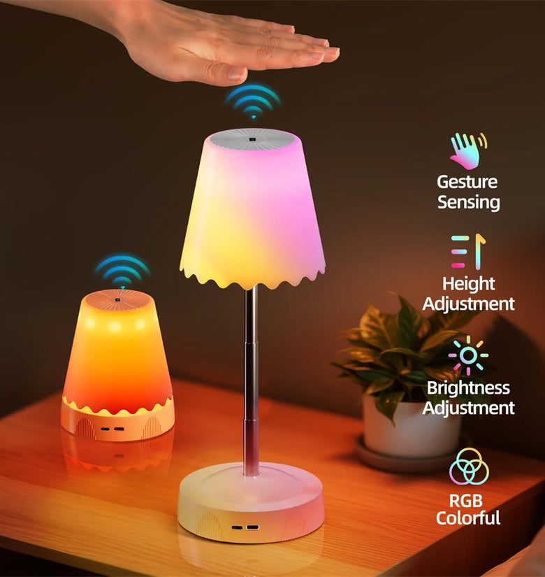 Elfeland Gesture Control USB Rechargeable LED Table Light with RGB Color Changing 3 Color Temperatures & Adjustable Height LED Mood Light for Desktop Bedroom Office
