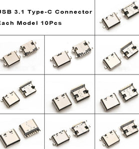 100Pcs 10Models Type-C USB 3.1 Charging Dock Connectors Mix 6Pin and 16Pin Use for Mobile Phone and Other Product Repair Kits