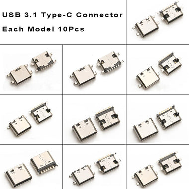 100Pcs 10Models Type-C USB 3.1 Charging Dock Connectors Mix 6Pin and 16Pin Use for Mobile Phone and Other Product Repair Kits