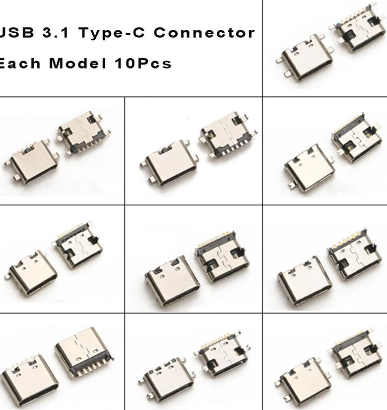 100Pcs 10Models Type-C USB 3.1 Charging Dock Connectors Mix 6Pin and 16Pin Use for Mobile Phone and Other Product Repair Kits