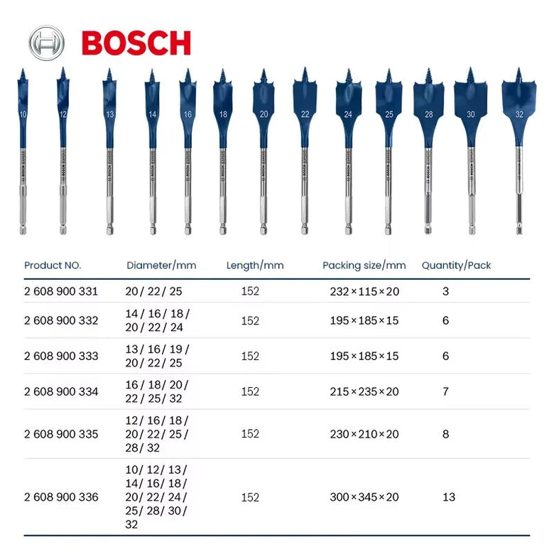 13pcs for Bosch Expert Series Wood Drill Bit Set 152mm Long Flat Milling Design Selfcut Speed Hex Shank for Impact Electric Drills Woodworking Tools
