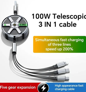 6A 100W USB-A to Type-C/iP/Android Retractable Cable Fast Charging Copper Core Line 1.2M Long for iPhone 15 14 13 for Huawei Pura 70 Ultra for Xiaomi Civi 4pro for Samsung Galaxy S24