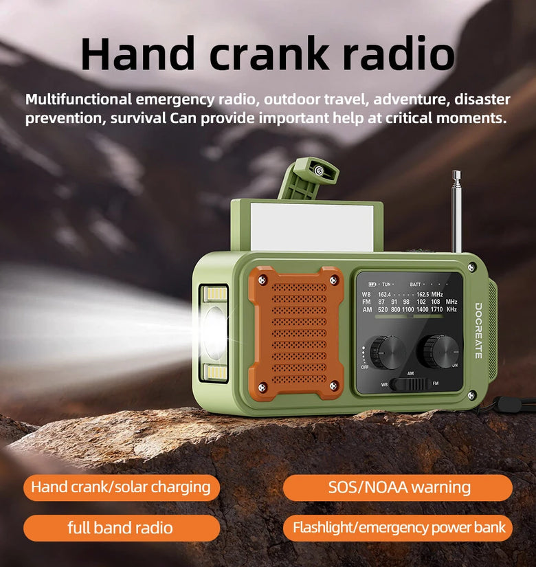 Docreate ER-64P Portable Solar Radio 7-in-1 Hand Crank Flashlight Power Bank Compass NOAA Weather Alert Emergency Charger Outdoor Essentials
