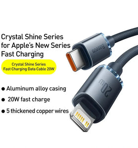 Baseus Crystal Series PD20W Type-C to iP Cable Fast Charging Data Transmission Tinned Copper Core Line 1.2M/2M Long for iPhone 14 14 Plus 13 14 12 for iPad