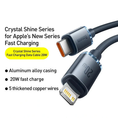Baseus Crystal Series PD20W Type-C to iP Cable Fast Charging Data Transmission Tinned Copper Core Line 1.2M/2M Long for iPhone 14 14 Plus 13 14 12 for iPad