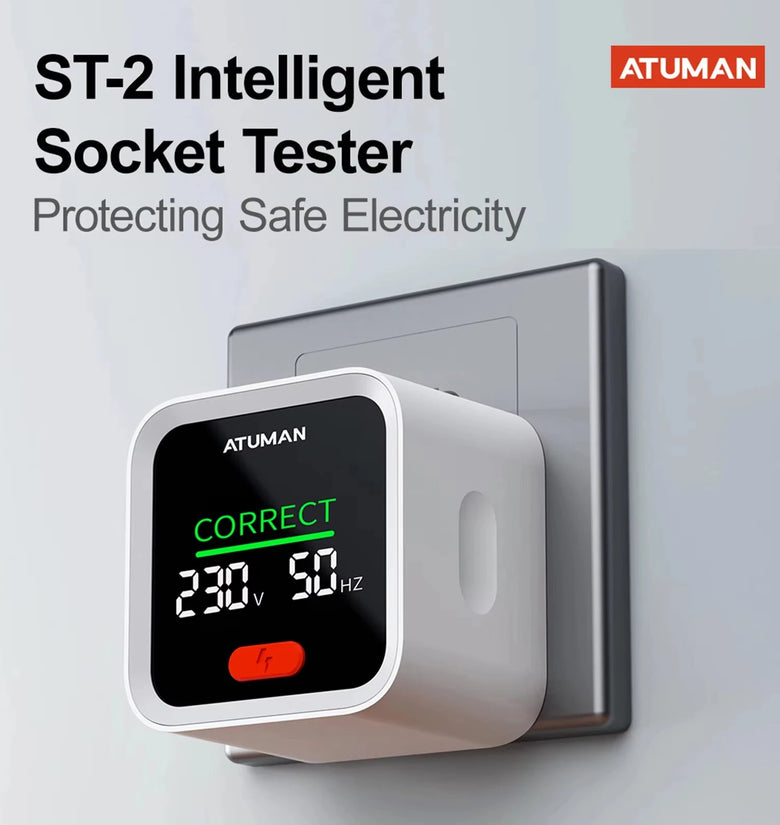 ATuMan ST2 Socket Tester Smart Plug Analyzer LCD Display Voltage Tester GFCI Test Electrical Wiring Checker 90-250V Universal Socket Tester